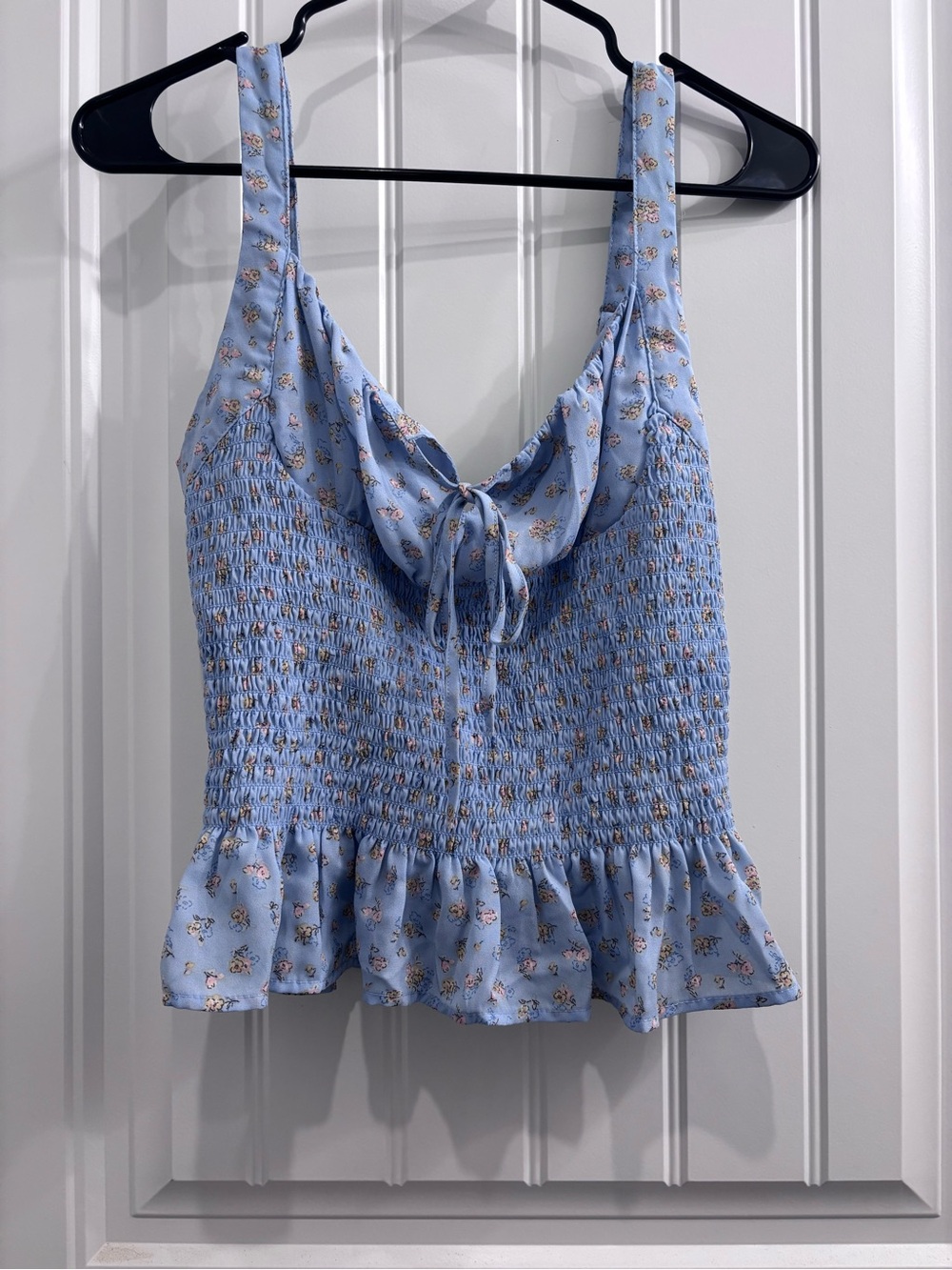 Love Tree Light Blue Floral Smocked Cami with Ruffle Hem